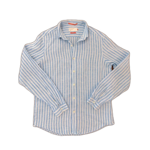 Richards Balneário Linen Button-Up Shirt Blue White Striped Mens Sz 3 M/L Brazil - Picture 2 of 9